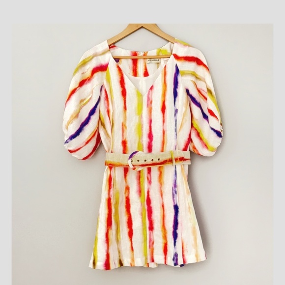 Nicholas The Label Linen Dress Shaanti Mini Rainbow Vibrant Puff Sleeve Belted - Picture 2 of 16